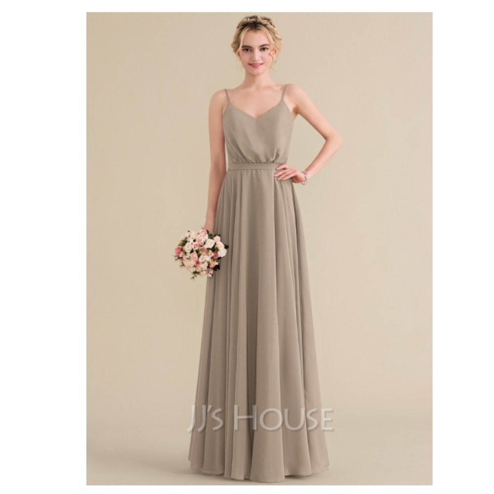 JJs House A-Line V-Neck Floor- Length Chiffon Bridesmaid Dress in Taupe